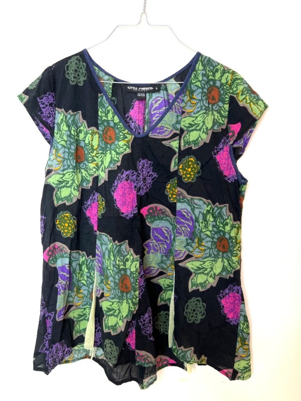 Little Journeys Chicago Blouse Large Cotton Boho Art to Wear Bold Floral V-neck